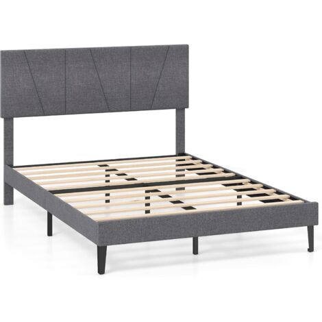 COSTWAY Cadre de Lit 2 Personnes avec Sommier, Tête de Lit Double Rembourré 140 x 200 cm, Réglable en Hauteur, Lattes en Bois, Montage Facile, Silencieux, Gris Foncé (207 x 145 x 95-110 cm)