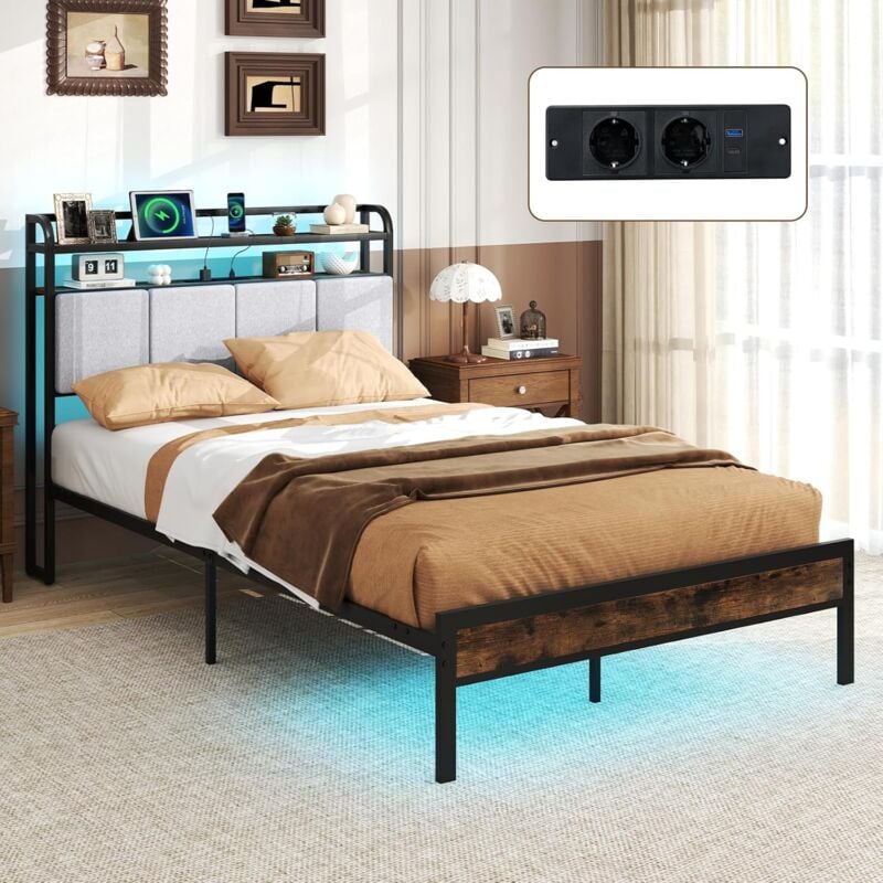 Costway - Cadre de Lit Double 140x200cm avec Éclairage led, Lit avec Tête de Lit Rembourrée avec Multiprise 2 Prises, 1 usb-a et 1 Type-C, Support à