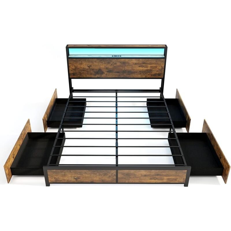 Cadre de Lit Double 160x200cm avec Sommier, Lit avec Éclairage led et Prise de Courant, usb et 1 Type c, Sommier en Métal avec 4 Tiroirs Rangement,
