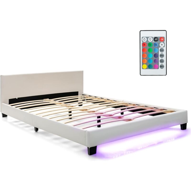 Structure de Lit Adulte avec Lumières led de 16 Couleurs 4 Modes Dynamiques en Simili Cuir 2 Places pour Matelas 200x140 cm - Costway