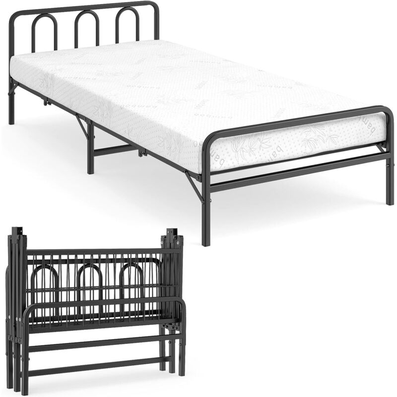 COSTWAY Cadre de Lit Pliant avec Matelas 90 x 200 cm, Lit Pliable Portable avec Tête et Pied de Lit, Mousse à Mémoire de Forme, Cadre Métallique,