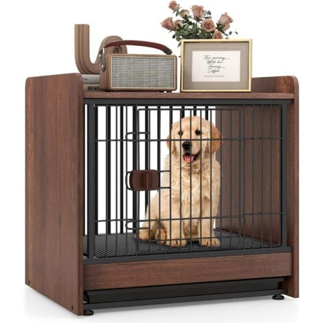 COSTWAY Cage pour Chien 2 en 1, Cage Chien Intérieur Plateau Amovible Porte Verrouillable, Niche pour Chien de Taille S/M, Table d'Appoint 62 × 49,5 × 61 cm, Capacité 50 kg, Marron
