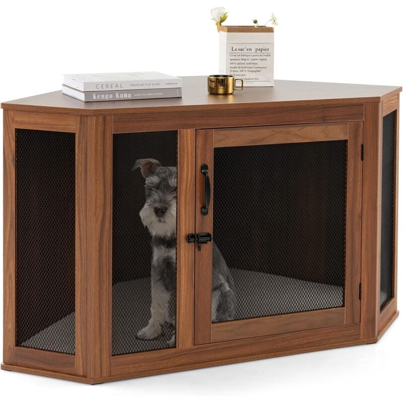 Costway - Cage pour Chien Intérieur xxl, Cage d'Angle pour Animaux de Compagnie avec Porte Verrouillable, Coussin, Treillis Métallique, Niche Chien