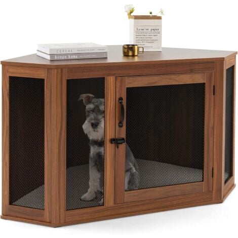 COSTWAY Cage pour Chien Intérieur XXL, Cage d’Angle pour Animaux de Compagnie avec Porte Verrouillable, Coussin, Treillis Métallique, Niche Chien Caisse Chien Style Meuble Moderne, 114 x 60 x 68 CM