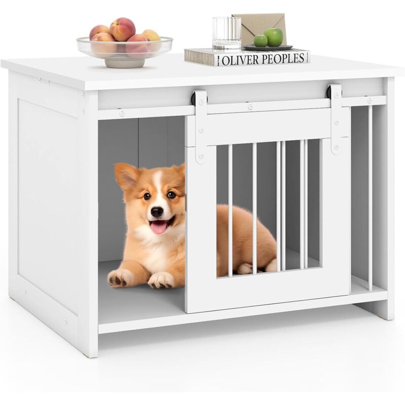 COSTWAY Cage pour Chien, Large Plateau, Porte Coulissante, Tubes Métalliques Résistants aux Morsures, Niche Chien Interieur en Bois, pour Petit et COSTWAY Cage pour Chien, Large Plateau, Porte Coulissante, Tubes Métalliques Résistants aux Morsures, Niche Chien Interieur en Bois, pour Petit et