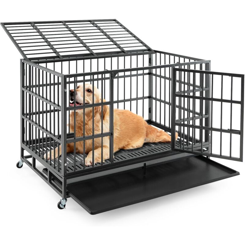 Cage pour Chien xxl, Cage Chien Pliable à roulettes, 2 Portes Verrouillables, Plateau Amovible, Anti-Mastication, Cage Chien Interieur, Cage de