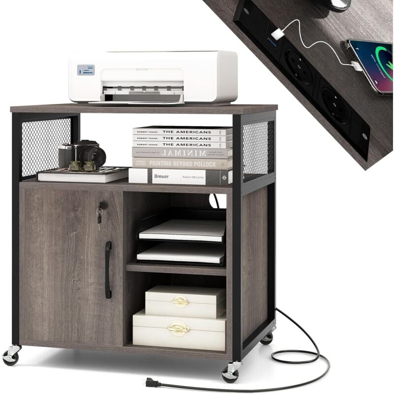 Costway - Caisson Bureau avec Station de Charge, Petit Meuble de Rangement à Roulette, Armoire Verrouillable, Etagères Réglables, 2 Prises,1 USB,1