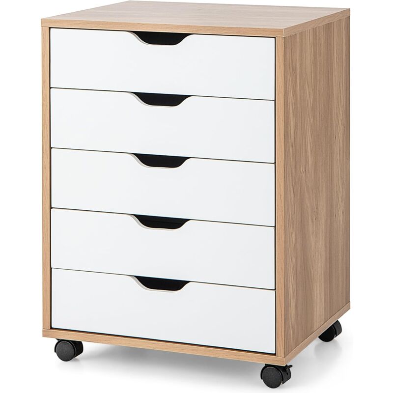 Costway – Caisson de rangement à roulettes 5 tiroirs en bois composite – Dimensions 48 x 39,5 x 65,5 cm – Poignée incurvée et roulettes verrouillables