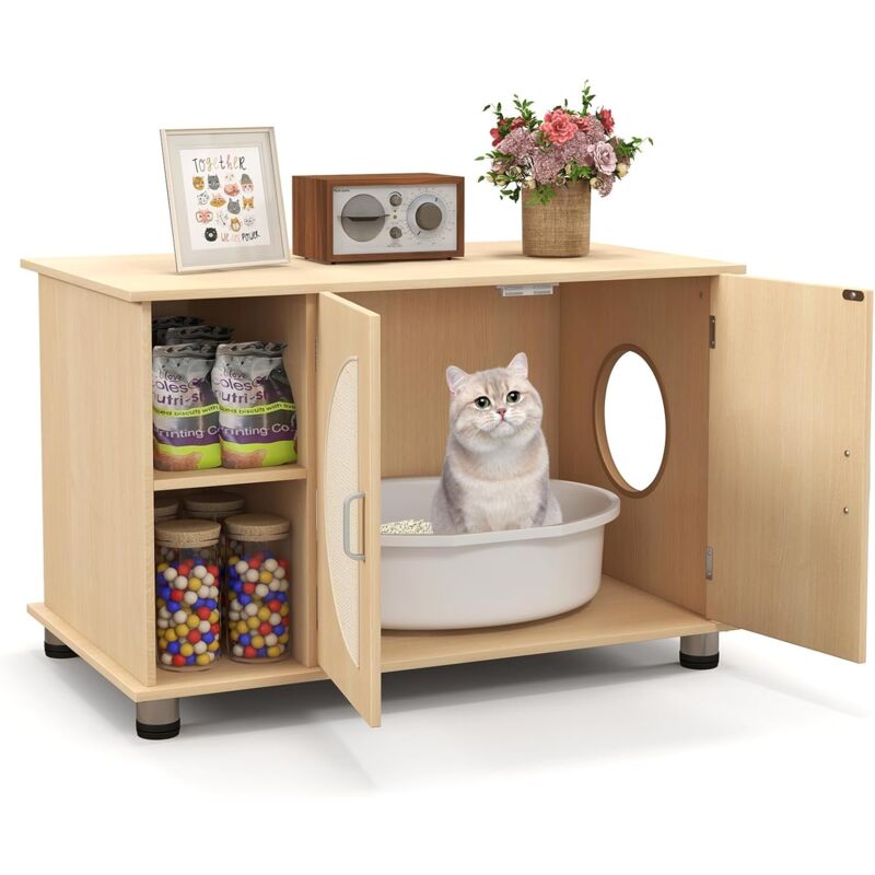 Costway - Caja de Arena para Gatos con Puertas Rascadoras de Sisal, Pies de Metal Ajustables, Baño Oculto para Gatos con Almacenamiento, con Gabinete