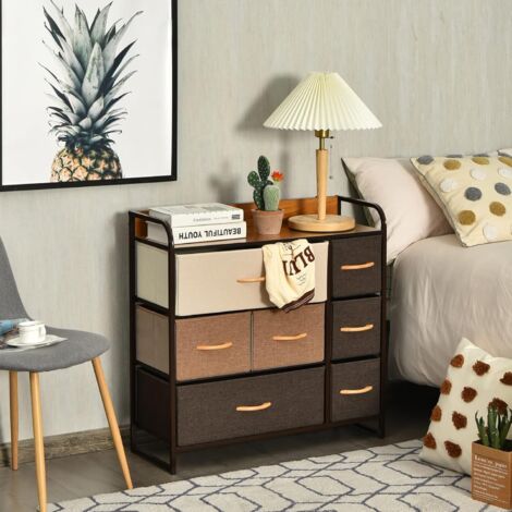 COSTWAY Cajonera con 7 Cajones/Organizador Amplio con Cajones Plegables en Tejido/Cómoda con Estructura en Acero Resistente y Superficie de Madera 80 x 29 x 79 cm