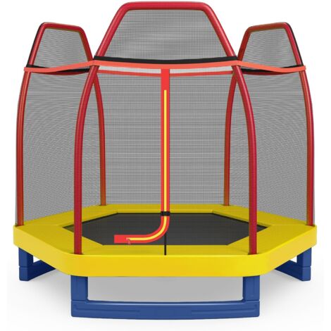 COSTWAY Cama Elástica 223 cm para Niños con Red de Seguridad y Almohadilla de Muelle, Trampolín para Interior y Exterior con Estructura en Acero Galvanizado, Carga Máxima 45 kg Rojo