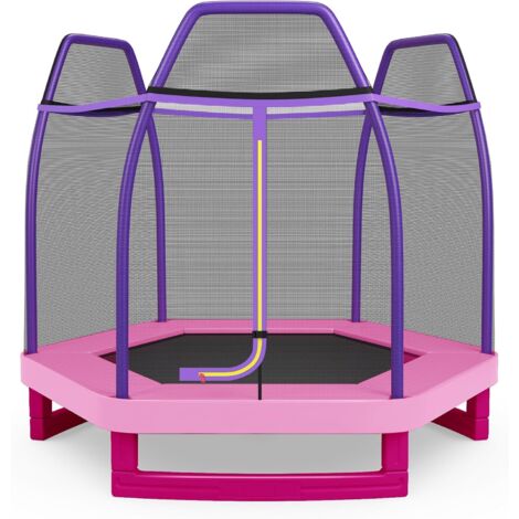 COSTWAY Cama Elástica 223 cm para Niños con Red de Seguridad y Almohadilla de Muelle, Trampolín para Interior y Exterior con Estructura en Acero Galvanizado, Carga Máxima 45 kg Rosa y morado