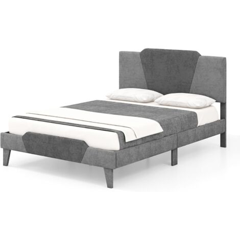COSTWAY Cama Tapizada 140x200cm, Camas Matrimoniales Terciopelo con Cabecero, Estructura Cama para Soporte de Colchón, sin Necesidad de Somier de Láminas de Madera, Gris