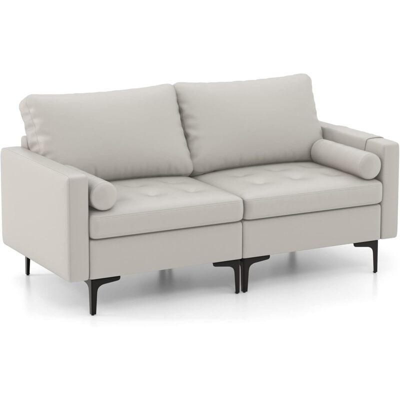 Costway - Canapé 2 Places, Canapé Droit avec Sac de Porte-Revue Latéral, Coussins et Oreiller Cylindrique Inclus, Canapé Moderne pour Salon, Chambre,