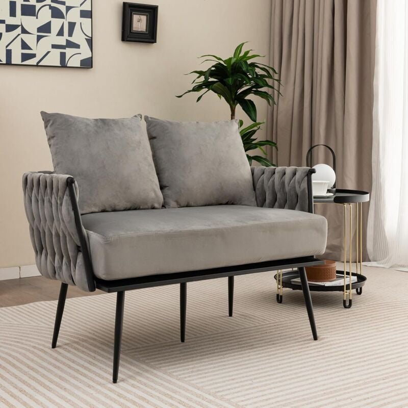 Canapé 2 Places en Velours Hollandais, Fauteuil de Salon pour 2 Personnes avec 2 Oreillers, Design Scandinave avec 5 Pieds Métalliques, Dossier et