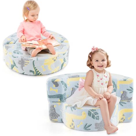 COSTWAY Canapé Convertible Enfant Lumineux avec Motif Dinosaure, Fauteuil Enfant Convertible en Tissu Flanelle avec Housse Lavable, Canapé Modulaire Phosphorescent pour 3 Ans+ (Bleu)