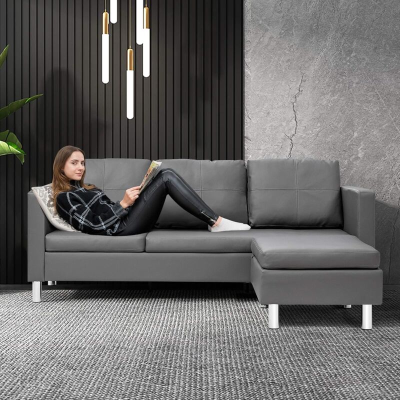 Canapé d'Angle 3 Places Convertible avec Méridienne Réversible en Cuir PU Gris 188x62x60CM pour Salon,Appartement,Séjour - Costway