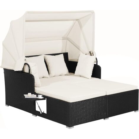 Costway – Canapé de jardin 2 places en rotin noir – Auvent rétractable – Dimensions 165 x 153 x 138 cm – Panneaux latéraux pliables