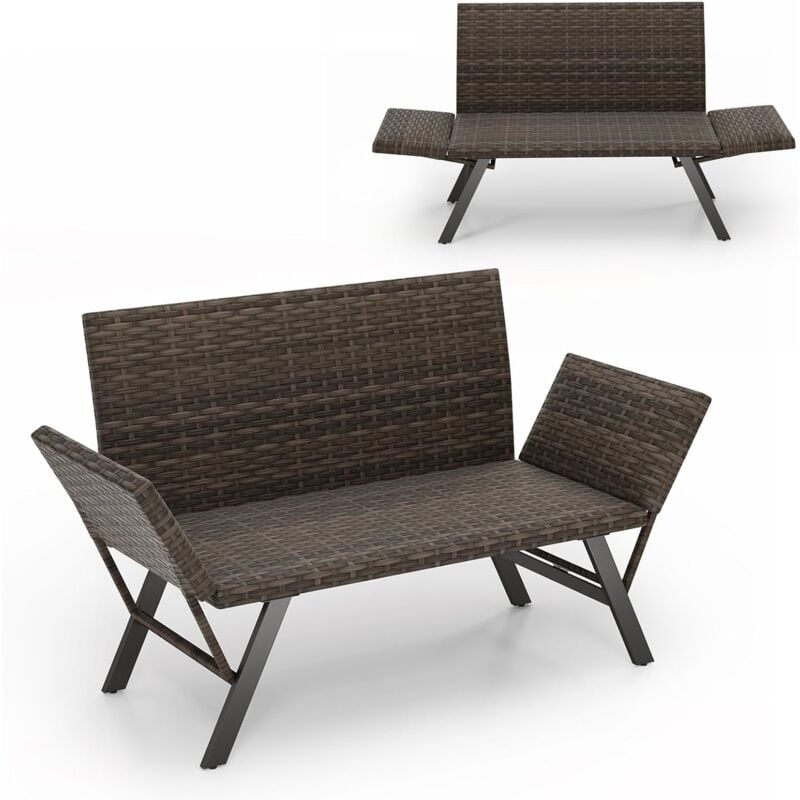 Canapé de Jardin Convertible 3 en 1 à 2 Places, Accoudoirs Réglables, Cadre en Métal, 178 × 55 × 89 cm, Charge 300 kg, Salon Jardin Exterieur en
