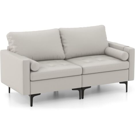 Costway – Canapé droit 2 places avec coussins et sac de porte-revue – Tissu Leathaire gris clair – Dimensions 172x78x80 cm – Charge 300 kg