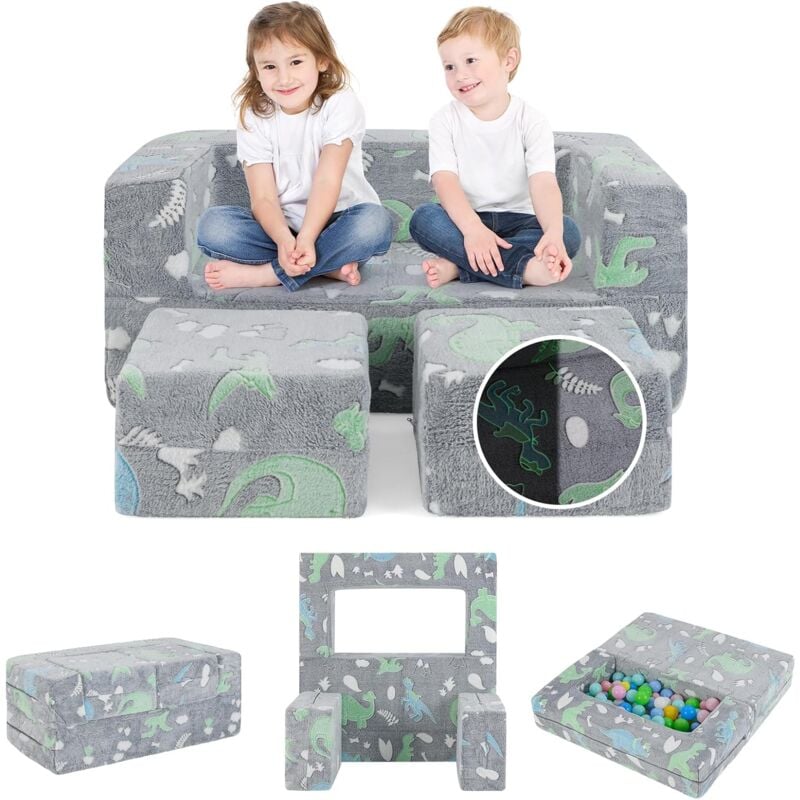 Costway - Canapé Enfant 2 Places Lumineux (Brillant dans Le Noir) avec Motif Dinosaure, Fauteuil Enfant Convertible en Tissu avec Housse Lavable,