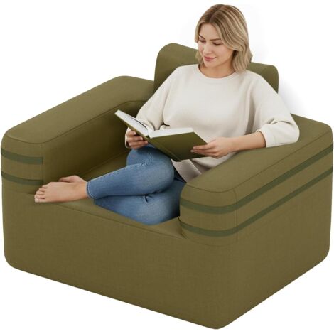 COSTWAY Canapé Gonflable 1 Place, Fauteuil Portable en Tissu Oxford avec Pompe à Air Intégrée 3 Embouts Poche de Rangement, Design Moderne pour Intérieur Extérieur Camping, Charge 150 kg