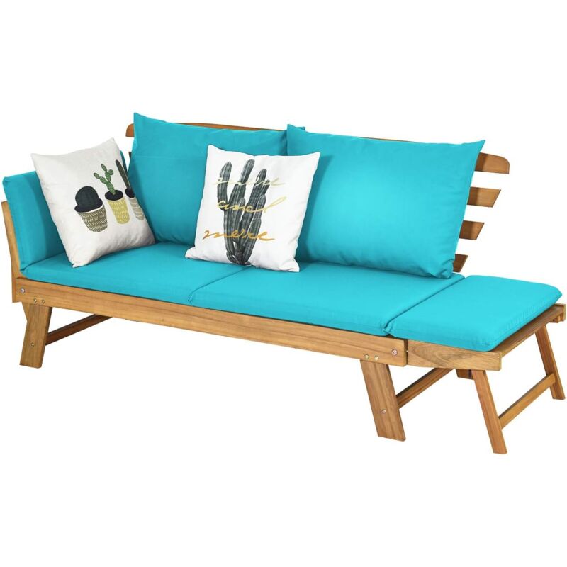Costway - Canapé Lit de Jardin Convertible 2 Places en Bois d'Acacia avec Coussin, Canapé de Jardin 2 en 1 avec Accoudoir Réglable Charge 320KG, pour
