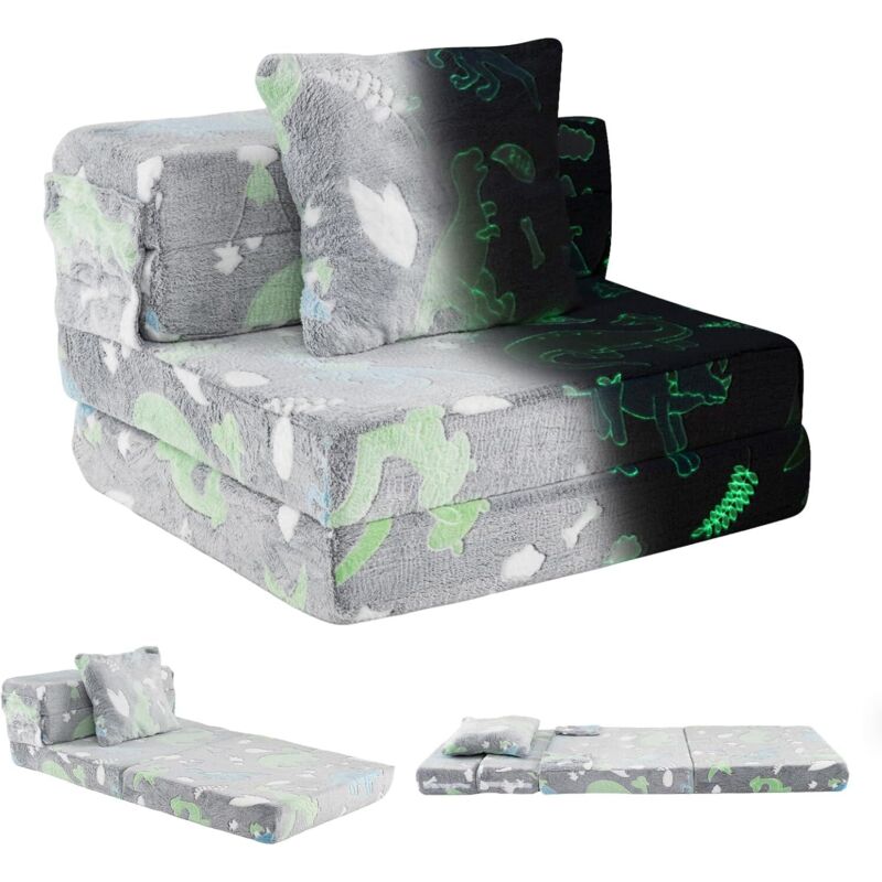 COSTWAY Canapé-lit Enfant Brillant dans Le Noir avec Motif Dinosaure & Oreiller, Matelas de Sol Pliable en Flanelle avec Housse Lavable en Machine,