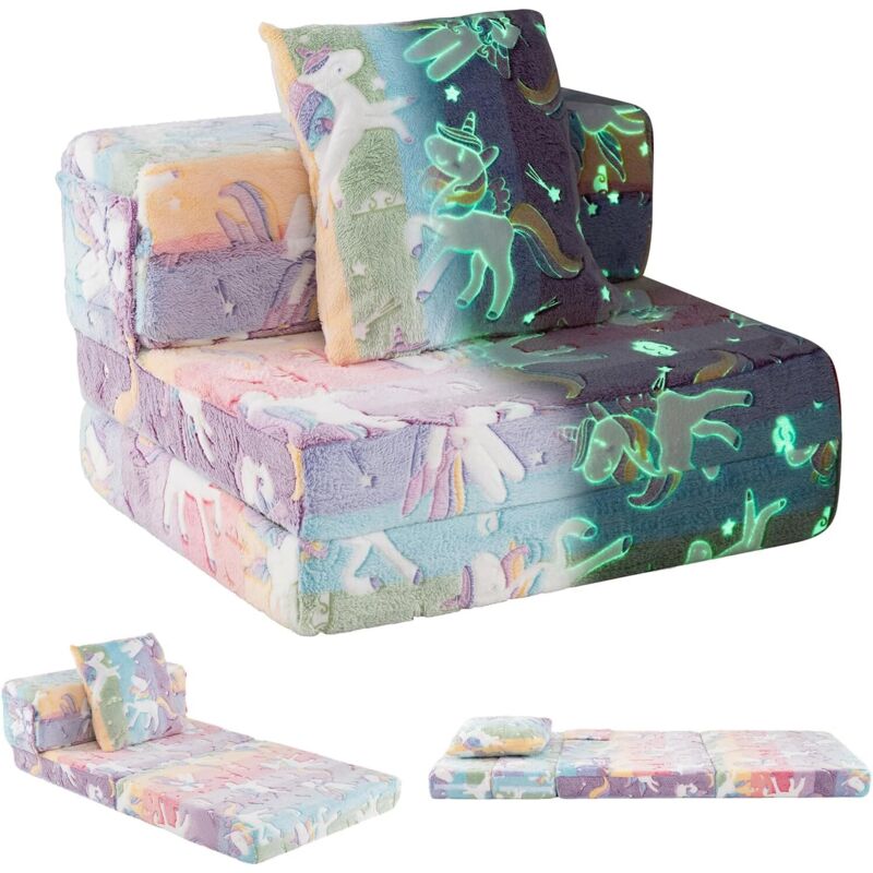 COSTWAY Canapé-lit Enfant Brillant dans Le Noir avec Motif Licorne & Oreiller, Matelas de Sol Pliable en Flanelle avec Housse Lavable en Machine,