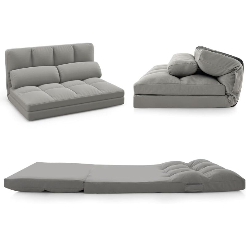 COSTWAY Canapé-Lit Paresseux Pliable, Canapé Convertible avec Dossier Réglable à 6 Positions, Matelas-Lit Pliant en Tissu Velours, Chauffeuse avec 2