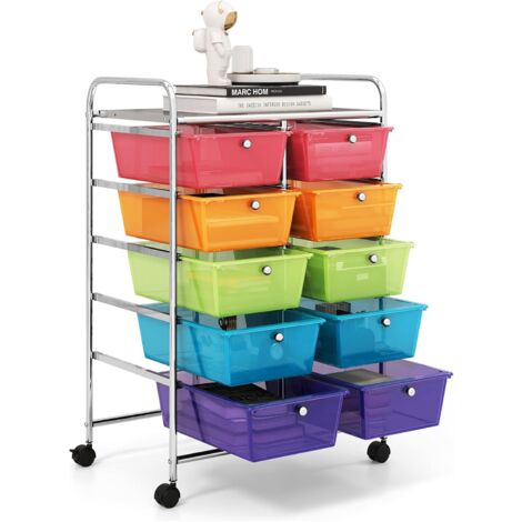 COSTWAY Carrello a 10 Cassetti con Ruote, Carrello di Stoccaggio con Stabilità Elevata, Carrello Multiuso per Casa Ufficio e Scuola, 65,5 x 37 x 87 cm (Arcobaleno)