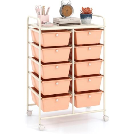 COSTWAY Carrello a 10 Cassetti con Ruote, Carrello di Stoccaggio con Stabilità Elevata, Carrello Multiuso per Casa Ufficio e Scuola, 65,5 x 37 x 87 cm (Rosa carne)