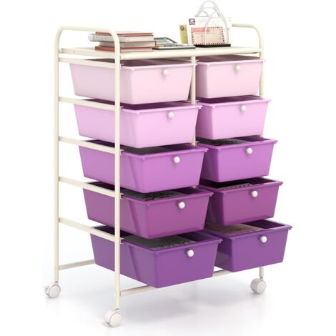 COSTWAY Carrello a 10 Cassetti con Ruote, Carrello di Stoccaggio con Stabilità Elevata, Carrello Multiuso per Casa Ufficio e Scuola, 65,5 x 37 x 87 cm (Sfumatura viola)