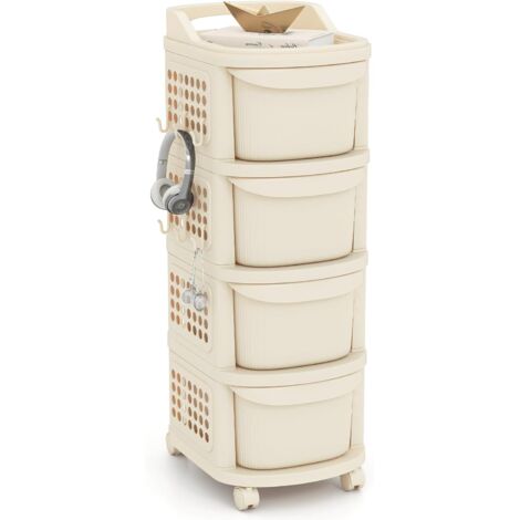 COSTWAY Carrello a 4 Cassetti con Ruote, Organizzatore di Stoccaggio in Plastica con 6 Ganci, Pannello Portaoggetti e Maniglia, per Camera da Letto, Bagno e Ufficio, 32 x 38 x 86 cm