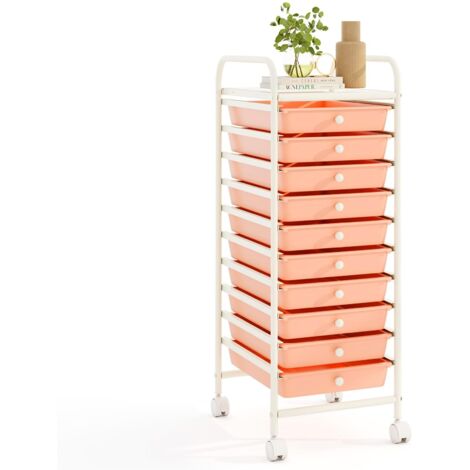 COSTWAY Carrello con 10 Cassetti da Stoccaggio, Cassettiera di Metallo e Plastica, Contenitore Multiuso con Ruote a Freno, per Casa e Ufficio (Arancia)