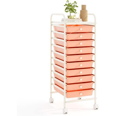 COSTWAY Carrello con 10 Cassetti da Stoccaggio, Cassettiera di Metallo e Plastica, Contenitore Multiuso con Ruote a Freno, per Casa e Ufficio (Arancia)