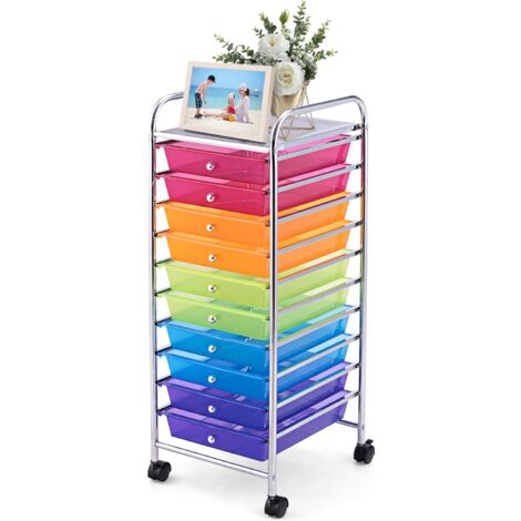 COSTWAY Carrello con 10 Cassetti da Stoccaggio, Cassettiera di Metallo e Plastica, Contenitore Multiuso con Ruote a Freno, per Casa e Ufficio (Multicolore)