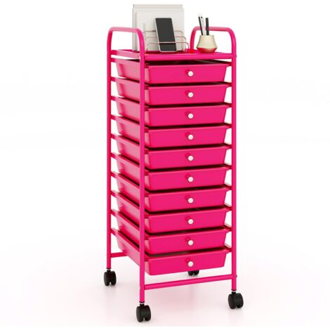 COSTWAY Carrello con 10 Cassetti da Stoccaggio, Cassettiera di Metallo e Plastica, Contenitore Multiuso con Ruote a Freno, per Casa e Ufficio (Rosa)