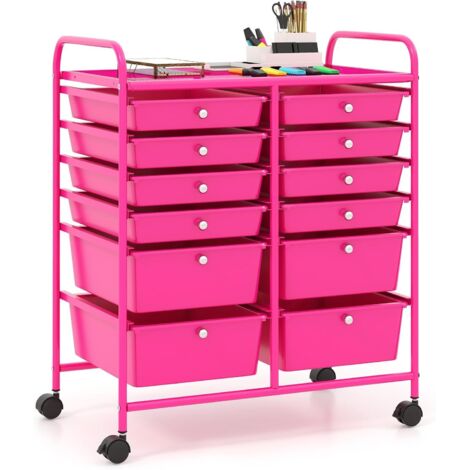 COSTWAY Carrello con 12 Cassetti con Ruote, Carrello di Stoccaggio Multiuso con Ampio Spazio di Archiviazione, Ideale per Casa Ufficio Domestico, 73,5 x 37 x 63 cm (Rosa)