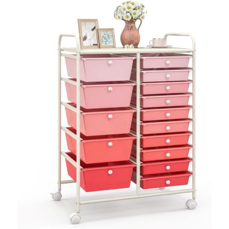 COSTWAY Carrello con 15 Cassetti Impilabili, Carrello di Stoccaggio con Ruote, Carello Portaoggetti per Casa e Ufficio, 62,5 x 37 x 87 cm (Rosa)