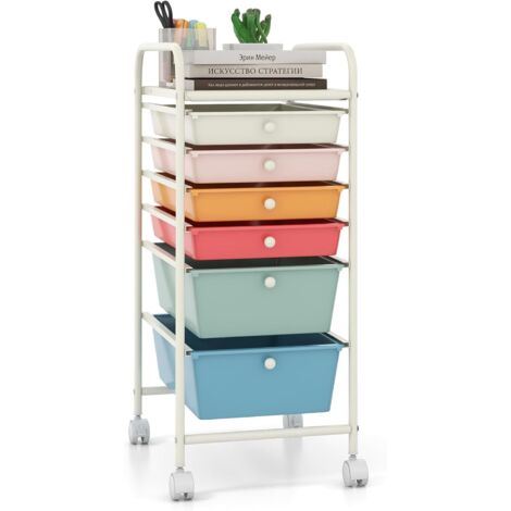 COSTWAY Carrello con 6 Cassetti e Ruote, Cassettiera in Plastica, con Due Dimensioni di Cassetti, Contenitore Multiuso per Casa Bagno e Ufficio, 37 x 74 x 32cm (Morandi)