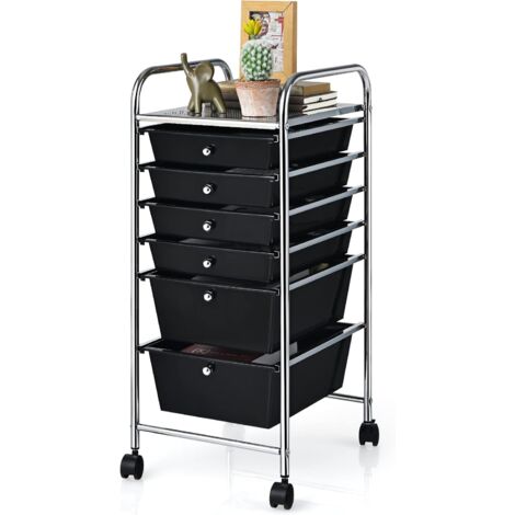 COSTWAY Carrello con 6 Cassetti e Ruote, Cassettiera in Plastica, con Due Dimensioni di Cassetti, Contenitore Multiuso per Casa Bagno e Ufficio, 37 x 74 x 32cm (Nero)