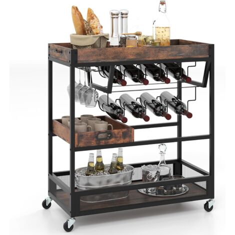 COSTWAY Carrello da Bar con Portabottiglie, Carrello Servizio Industriale a 3 Piani con Porta Calici e Vassoio Rimovibile, Ruote Bloccabili, 80,5x40,5x90 cm