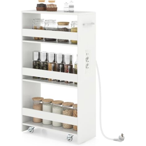 COSTWAY Carrello da Cucina a 4 Ripiani, Ruote Universali, 20cm,con presa,Bianco
