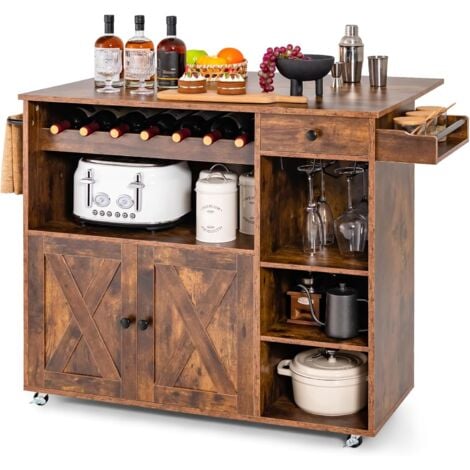 COSTWAY Carrello da Cucina con Piano Ribaltabile, Isola Cucina con Ruote Bloccabili, Carrello Buffet con Portabottiglie Portabicchieri Portasciugamani e Portaspezie, 121x68x88 cm