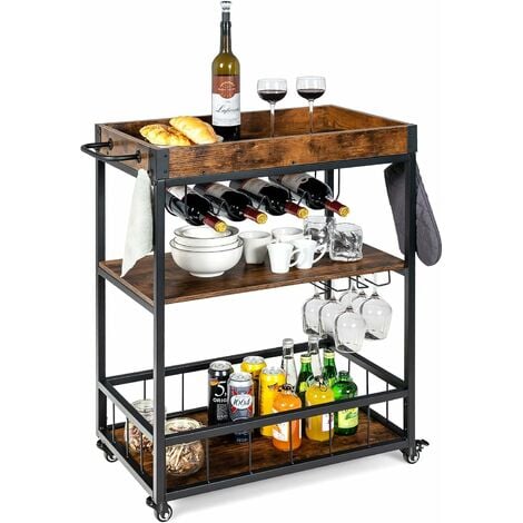 Biscottini Carrello angolo bar per casa 125x45x82 cm - Mobile bar vintage  porta liquori da salotto in Mogani - Carrello bar portavivande e liquori 