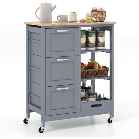 COSTWAY Carrello da Cucina con Ruote, Credenza Cucina con 4 Ripiani e 3 Cassetti, in Legno, Ideale per Cucina Ristorante e Bar, 67 x 37 x 83,5 cm (Grigio)