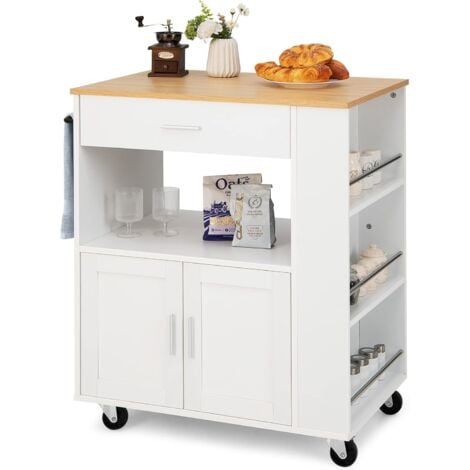 COSTWAY Carrello da Cucina con Ruote, Isola da Cucina con 3 Portaspezie 1 Cassetto Armadietto a 2 Porte, Carrello Portaoggetti con Portasciugamani, 82x46x92 cm (Bianco)