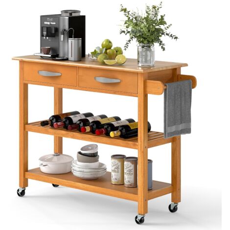 COSTWAY Carrello da Cucina con Ruote Multiuso, Mobile Cucina Salvaspazio in Legno, con 2 Cassetti e 2 Ripiani Aperti, Credenza per Sala da Pranzo, 116 x 43 x 89 cm (Naturale)