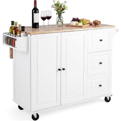 COSTWAY Carrello da Cucina in Legno,con Ripiano Ribaltabile,Ruote,3 Cassetti e Armadietto